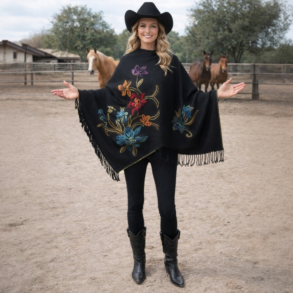 Black Shawl Wrap with Vibrant Colorful Floral | Multicolor Woven Fabric - Picture 2 of 16